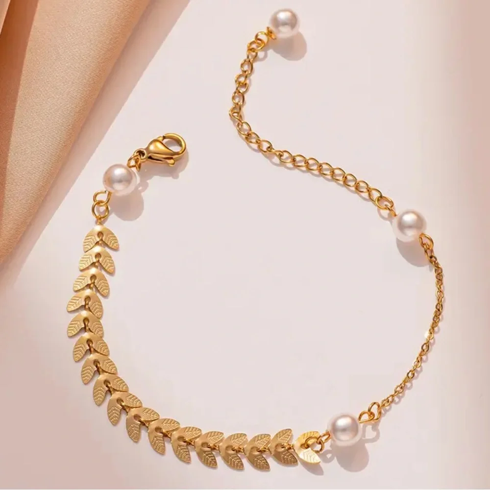 Gold Leaf Pearl Bracelet/Anklet | Delicate Wheat Chain Adjustable
